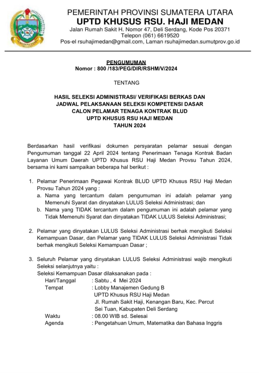 hasil seleksi BLUD UPTD Rsu Haji Medan 